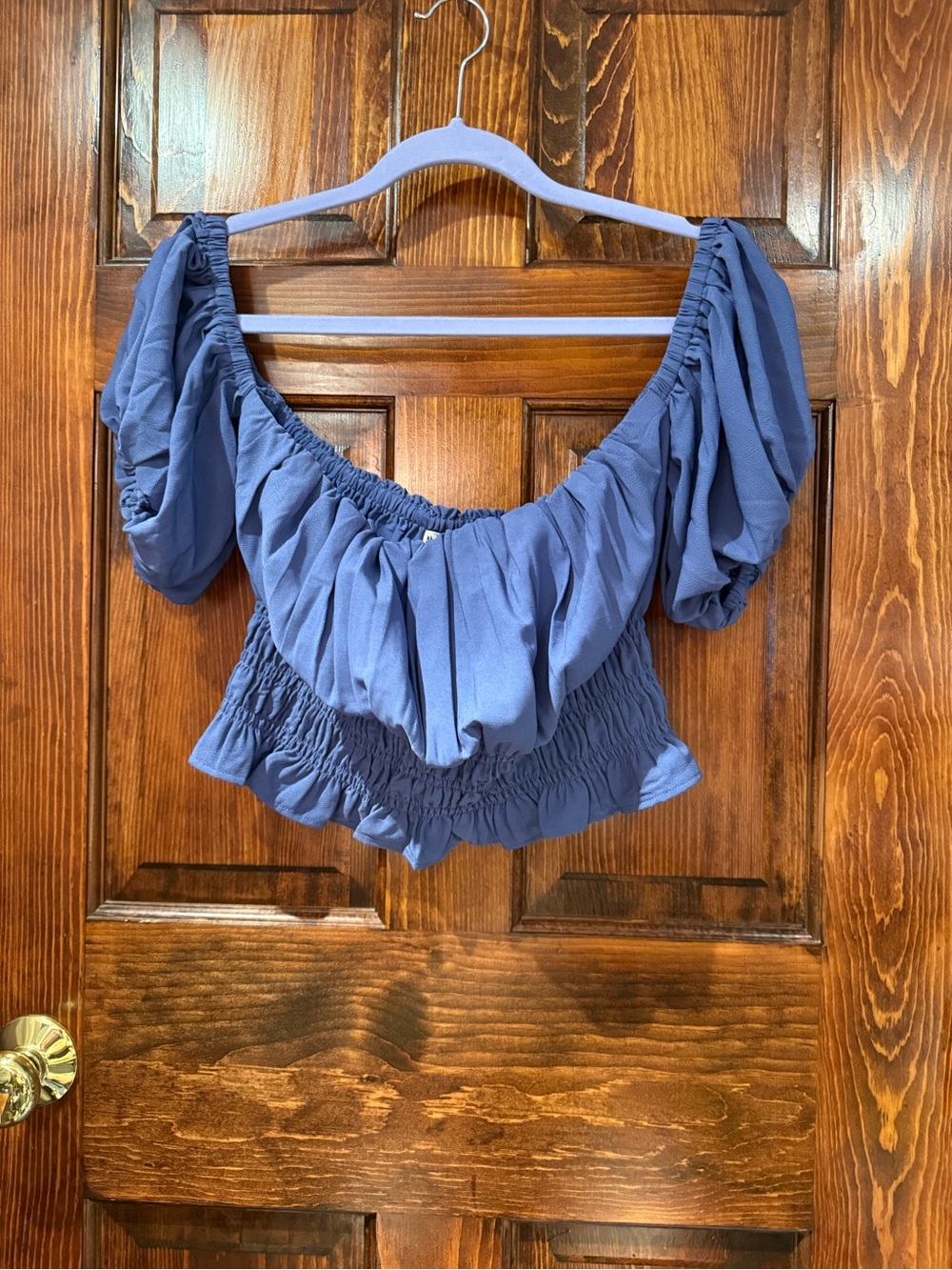 Abercrombie & Fitch Dusty Blue Off-Shoulder Smocked Puff-Sleeve Crop Top
